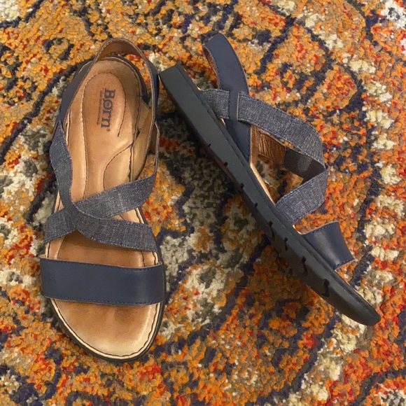 Born blue leather and fabric strapped sandals - Picture 1 of 4
